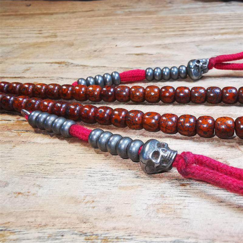 7mm Cold Iron Prayer Bead Counters with Skull Pendant - Tibetan Buddhist art, close-up detail