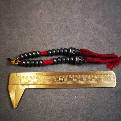 7mm Cold Iron Prayer Bead Counters with Skull Pendant - Tibetan Buddhist art, size reference