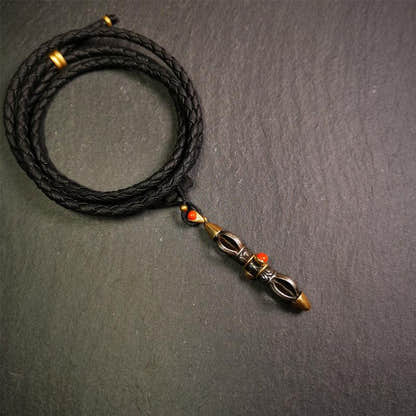 Five-pronged Vajra Necklace 1.96" - Tibetan Buddhist bead necklace, detailed view