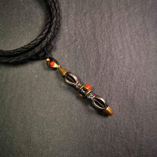 Five-pronged Vajra Necklace 1.96" - Tibetan Buddhist bead necklace, front view