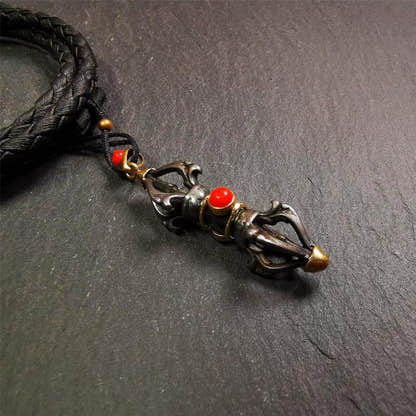 Five-pronged Vajra Necklace 1.77" - Tibetan Buddhist bead necklace, front view