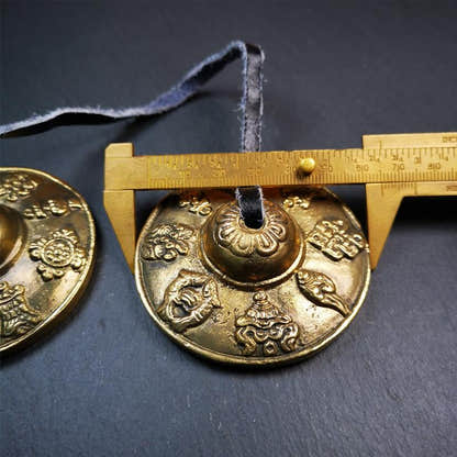 Brass Tingsha Set - Astamangal - 2.6" - Tibetan Buddhist art, size reference