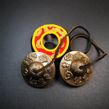 Brass Tingsha Set - Astamangal - 2.6" - Tibetan Buddhist art, view 4