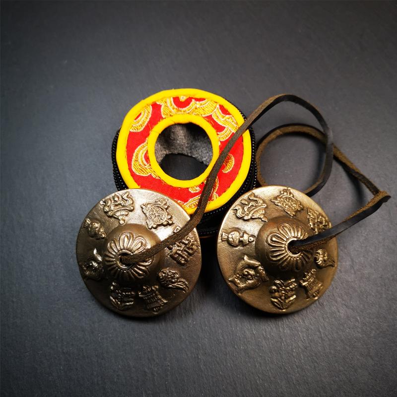 Brass Tingsha Set - Astamangal - 2.6" - Tibetan Buddhist art, view 4
