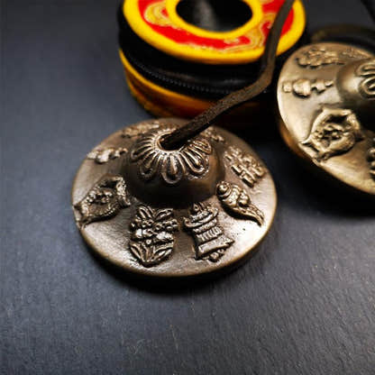 Brass Tingsha Set - Astamangal - 2.6" - Tibetan Buddhist art, view 5