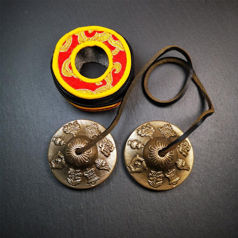 Brass Tingsha Set - Astamangal - 2.6" - Tibetan Buddhist art, close-up detail