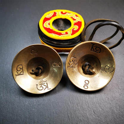 Brass Tingsha Set - Astamangal - 2.6" - Tibetan Buddhist art, view 6