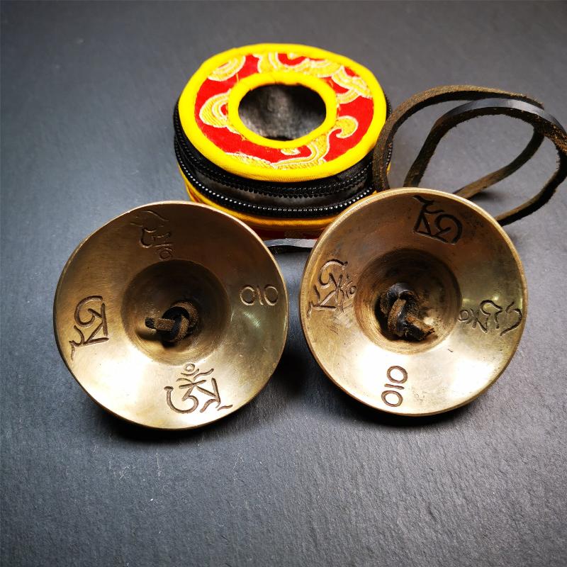 Brass Tingsha Set - Astamangal - 2.6" - Tibetan Buddhist art, view 6