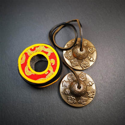 Brass Tingsha Set - Astamangal - 2.6" - Tibetan Buddhist art, detailed view