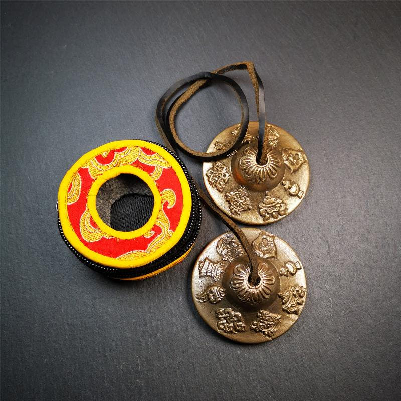 Brass Tingsha Set - Astamangal - 2.6" - Tibetan Buddhist art, detailed view