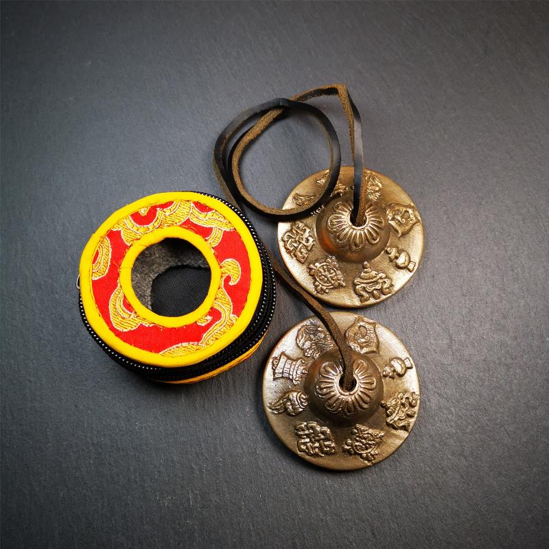 Brass Tingsha Set - Astamangal - 2.6" - Tibetan Buddhist art, detailed view