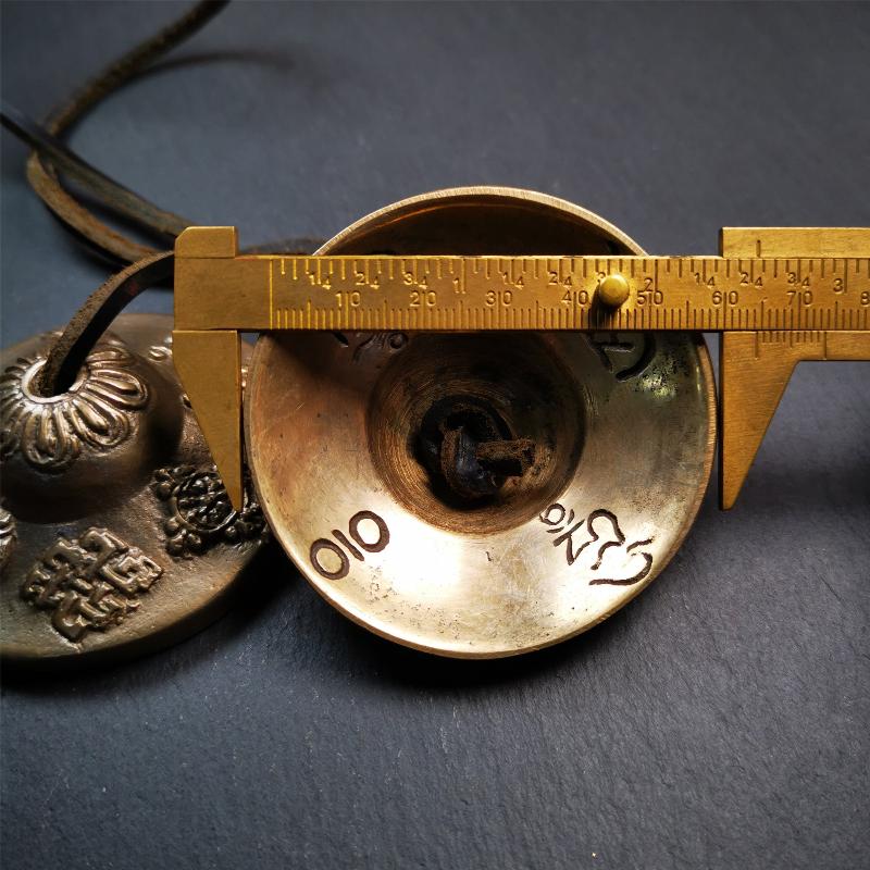 Brass Tingsha Set - Astamangal - 2.6" - Tibetan Buddhist art, size reference