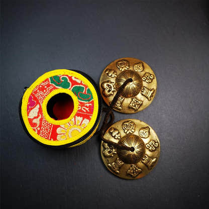 Brass Tingsha Set - Astamangal - 2.9" - Tibetan Buddhist art, view 5