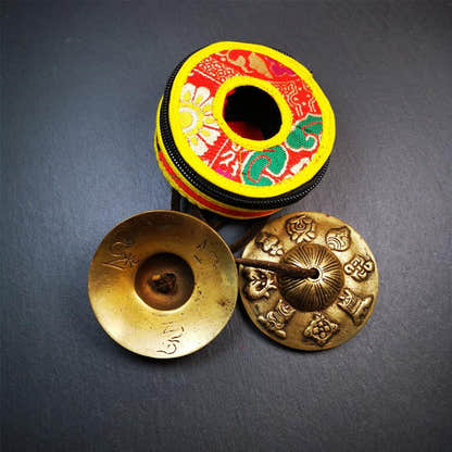 Brass Tingsha Set - Astamangal - 2.9" - Tibetan Buddhist art, view 4