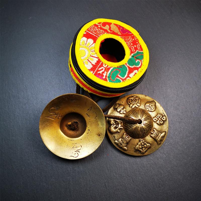 Brass Tingsha Set - Astamangal - 2.9" - Tibetan Buddhist art, view 4