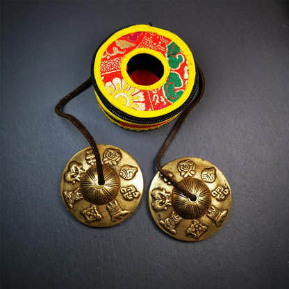 Brass Tingsha Set - Astamangal - 2.9" - Tibetan Buddhist art, close-up detail