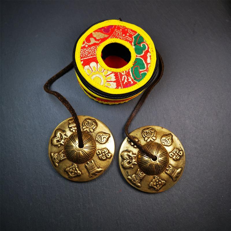 Brass Tingsha Set - Astamangal - 2.9" - Tibetan Buddhist art, close-up detail
