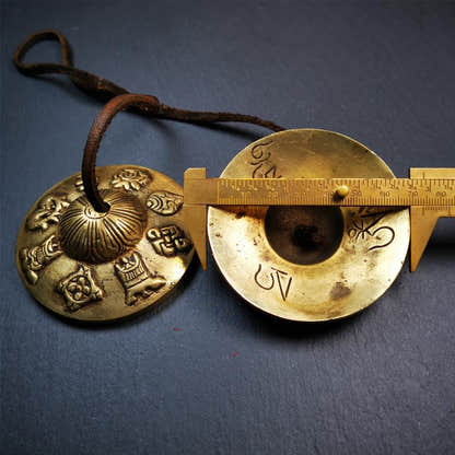 Brass Tingsha Set - Astamangal - 2.9" - Tibetan Buddhist art, size reference