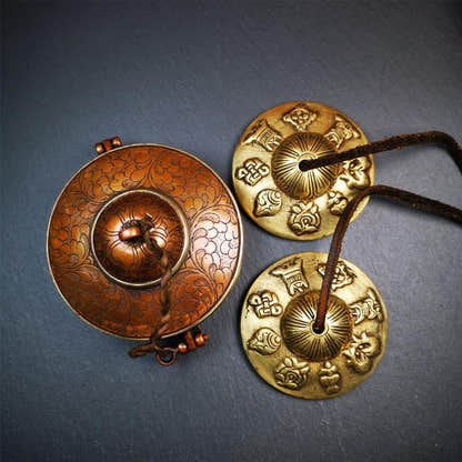 Brass Tingsha Set - Astamangal - 2.9" - Tibetan Buddhist art, front view
