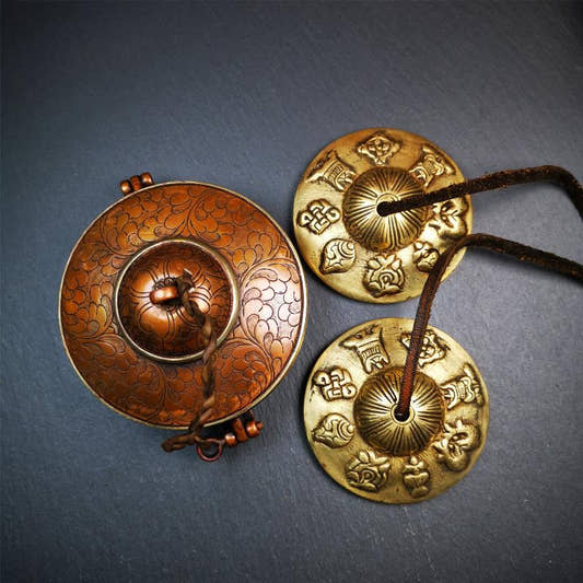 Brass Tingsha Set - Astamangal - 2.9" - Tibetan Buddhist art, front view
