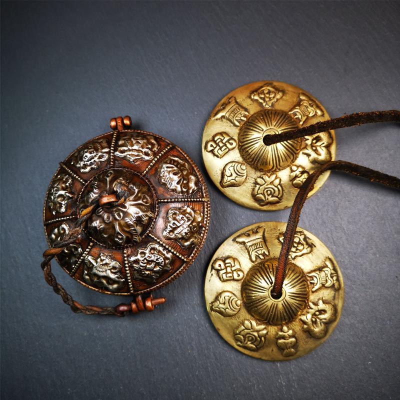 Brass Tingsha Set - Astamangal - 2.9" - Tibetan Buddhist art, detailed view