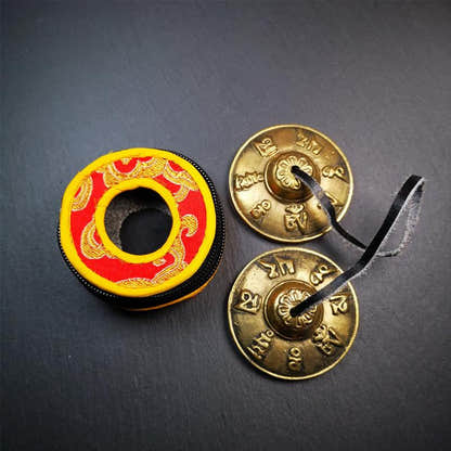 Brass Tingsha Set - OM Mantra - 2.6" - Tibetan Buddhist art, front view
