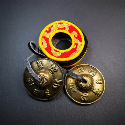Brass Tingsha Set - OM Mantra - 2.6" - Tibetan Buddhist art, close-up detail