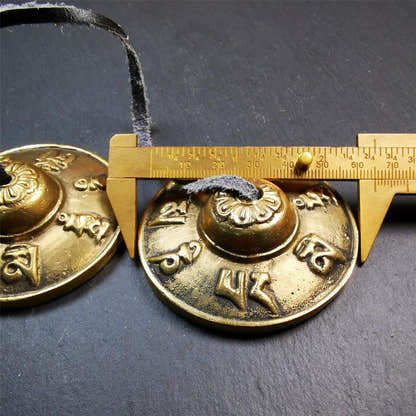 Brass Tingsha Set - OM Mantra - 2.6" - Tibetan Buddhist art, size reference