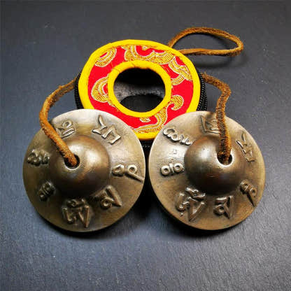 Brass Tingsha Set - OM Mantra - 2.6" - Tibetan Buddhist art, front view