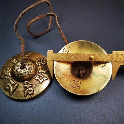 Brass Tingsha Set - OM Mantra - 2.9" - Tibetan Buddhist art, size reference