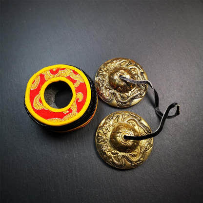 Brass Tingsha Set - Dragon - 2.6" - Tibetan Buddhist art, view 6