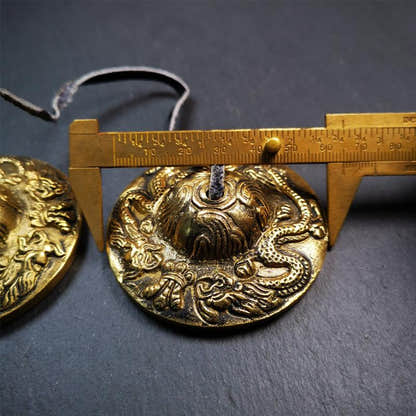 Brass Tingsha Set - Dragon - 2.6" - Tibetan Buddhist art, size reference