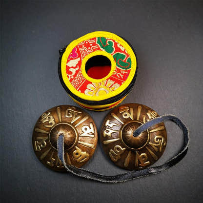 Bronze Tingsha Set - OM Mantra - 3.15" - Tibetan Buddhist art, view 5