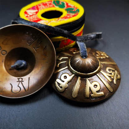 Bronze Tingsha Set - OM Mantra - 3.15" - Tibetan Buddhist art, close-up detail