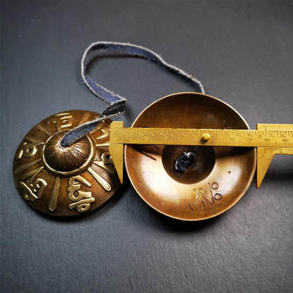 Bronze Tingsha Set - OM Mantra - 3.15" - Tibetan Buddhist art, size reference