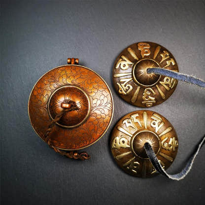 Bronze Tingsha Set - OM Mantra - 3.15" - Tibetan Buddhist art, front view