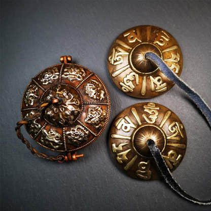 Bronze Tingsha Set - OM Mantra - 3.15" - Tibetan Buddhist art, detailed view