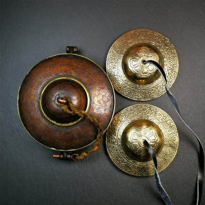 Bronze Tingsha Set - Cloud Pattern - 3.5" - Tibetan Buddhist art, front view