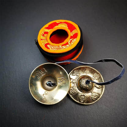 Bronze Tingsha Set - Astamangal - 2.7" - Tibetan Buddhist art, view 4