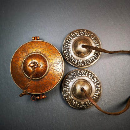Bronze Tingsha Set - OM Mantra - 2.9" - Tibetan Buddhist art, front view