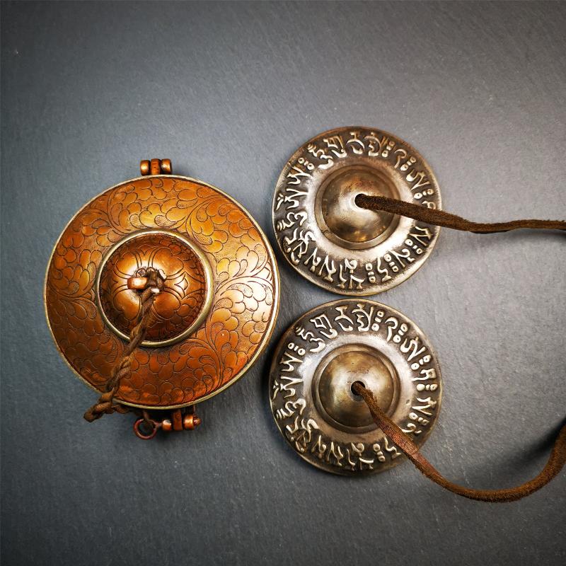 Bronze Tingsha Set - OM Mantra - 2.9" - Tibetan Buddhist art, front view