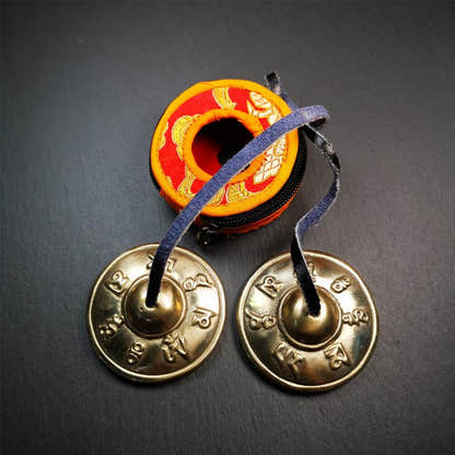 Bronze Tingsha Set - Om Mantra - 2.7" - Tibetan Buddhist art, front view