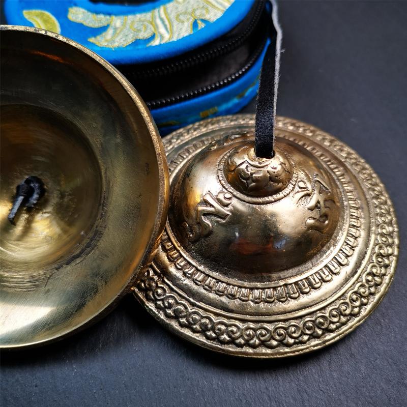 Bronze Tingsha Set - OM Mantra - 3.55" - Tibetan Buddhist art, close-up detail