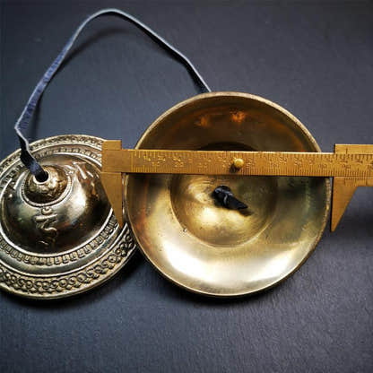 Bronze Tingsha Set - OM Mantra - 3.55" - Tibetan Buddhist art, size reference