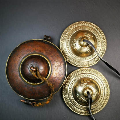Bronze Tingsha Set - OM Mantra - 3.55" - Tibetan Buddhist art, front view