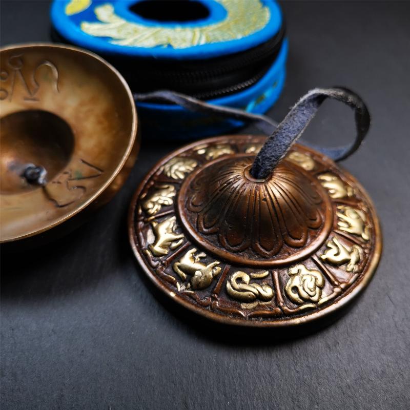 Copper Tingsha Set - 12 Tibetan Zodiac - 3.27" - Tibetan Buddhist art, view 6