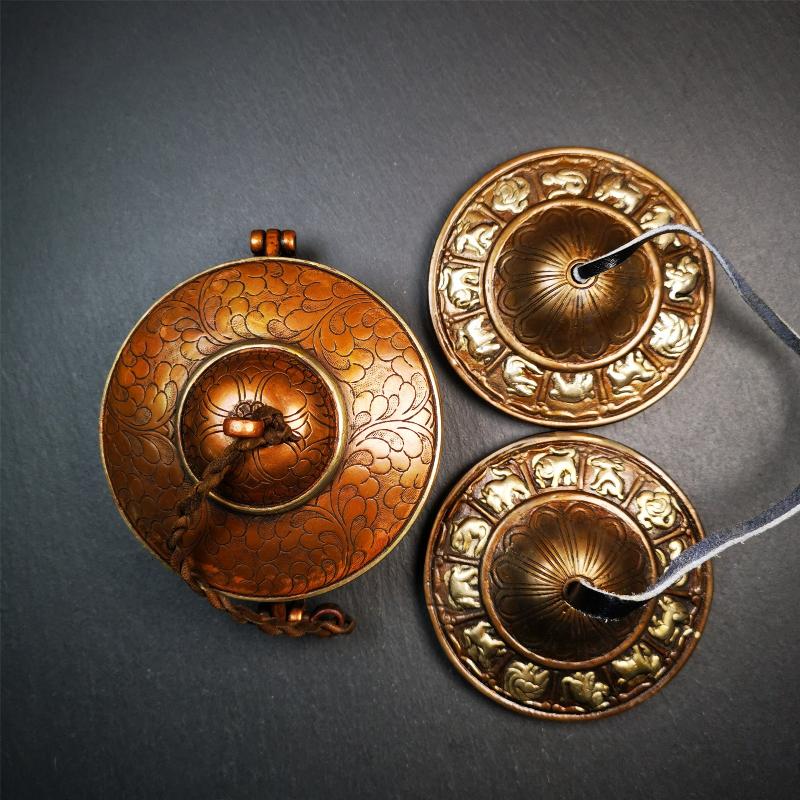 Copper Tingsha Set - 12 Tibetan Zodiac - 3.27" - Tibetan Buddhist art, front view