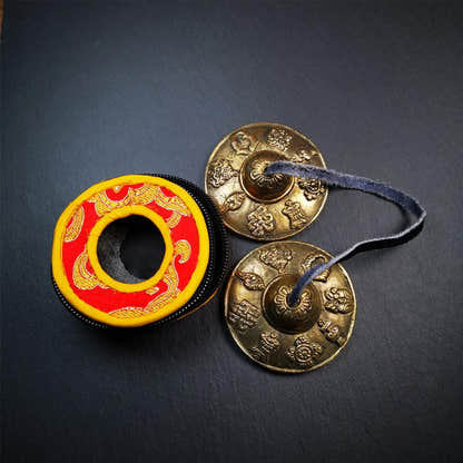 Brass Tingsha Set - Astamangal - 2.6" - Tibetan Buddhist art, front view