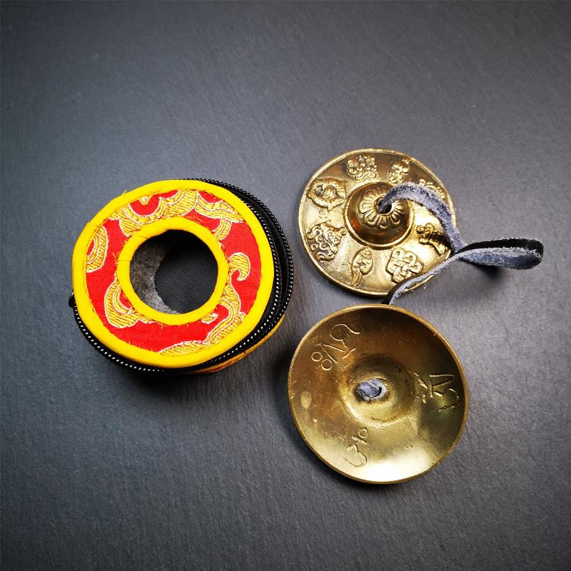 Brass Tingsha Set - Astamangal - 2.6" - Tibetan Buddhist art, view 4