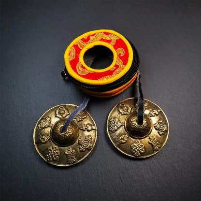 Brass Tingsha Set - Astamangal - 2.6" - Tibetan Buddhist art, detailed view